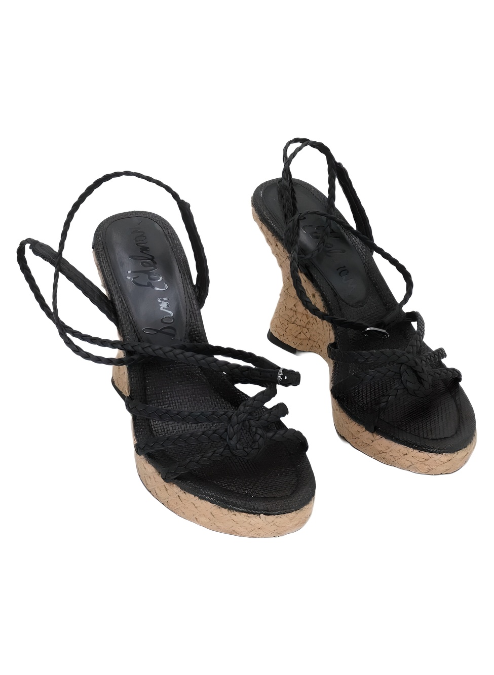 Sam Edelman Mindie Black Leather Braided Strappy Wedge Sandals Size 8.5M
